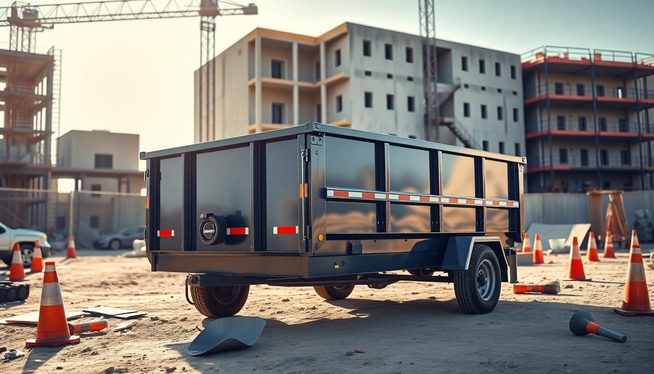 View of dumpster trailers for sale, showcasing a robust trailer in a construction setting.