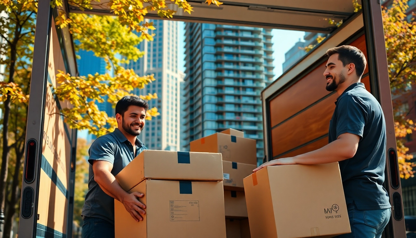 Local Toronto movers efficiently packing boxes into a truck in a vibrant city setting.