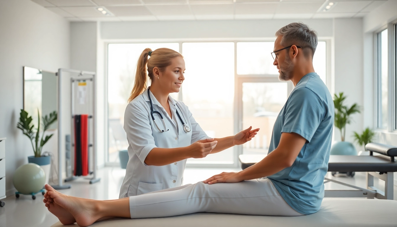 Find expert physiotherapy near me with a dedicated therapist assisting a patient in a modern clinic.