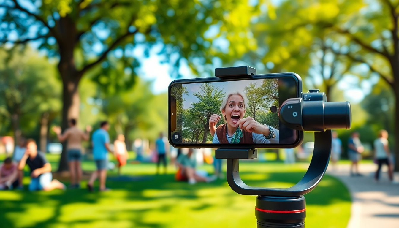 Capture sleek gimble stabilizing a smartphone in vibrant park, showcasing active filming.
