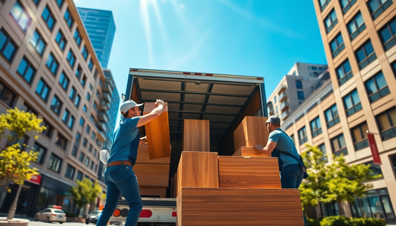 Efficient Toronto moving services featuring professional movers loading a truck in a bustling urban setting.