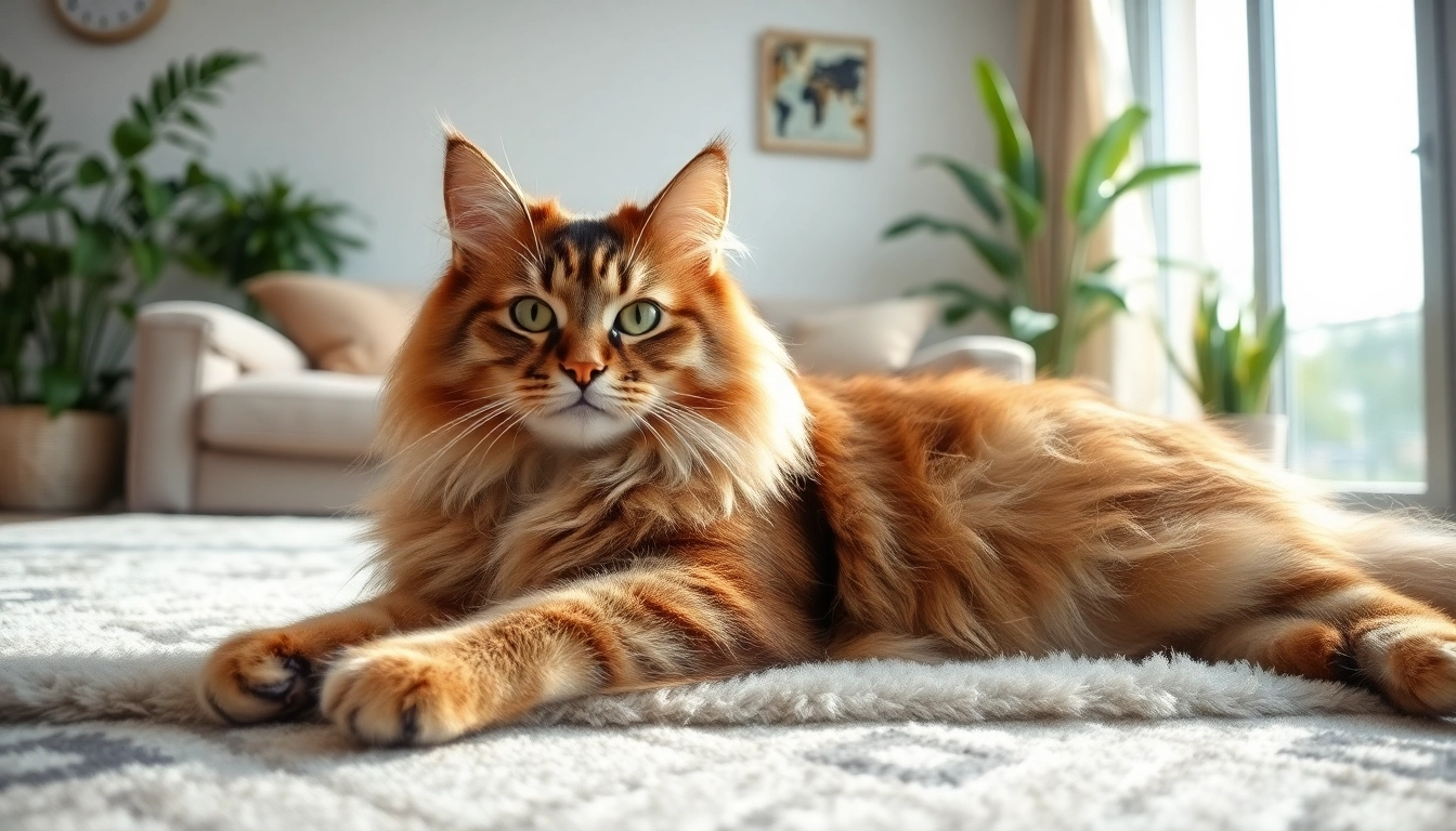 A Maine Coon cat for sale Sacramento lounging in a bright living room.