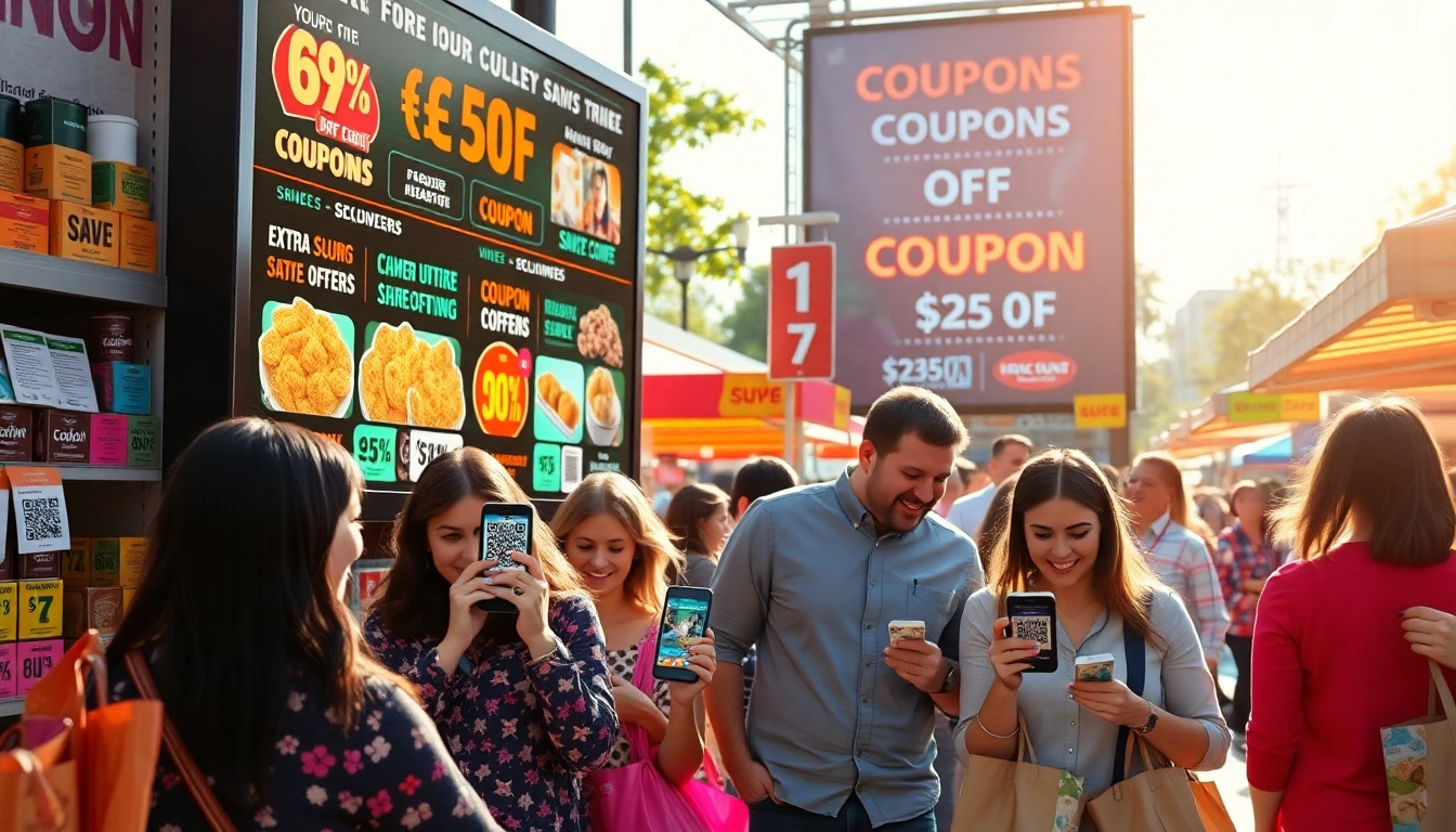 Shopper family engaging with colorful Coupons at a vibrant marketplace, maximizing savings.