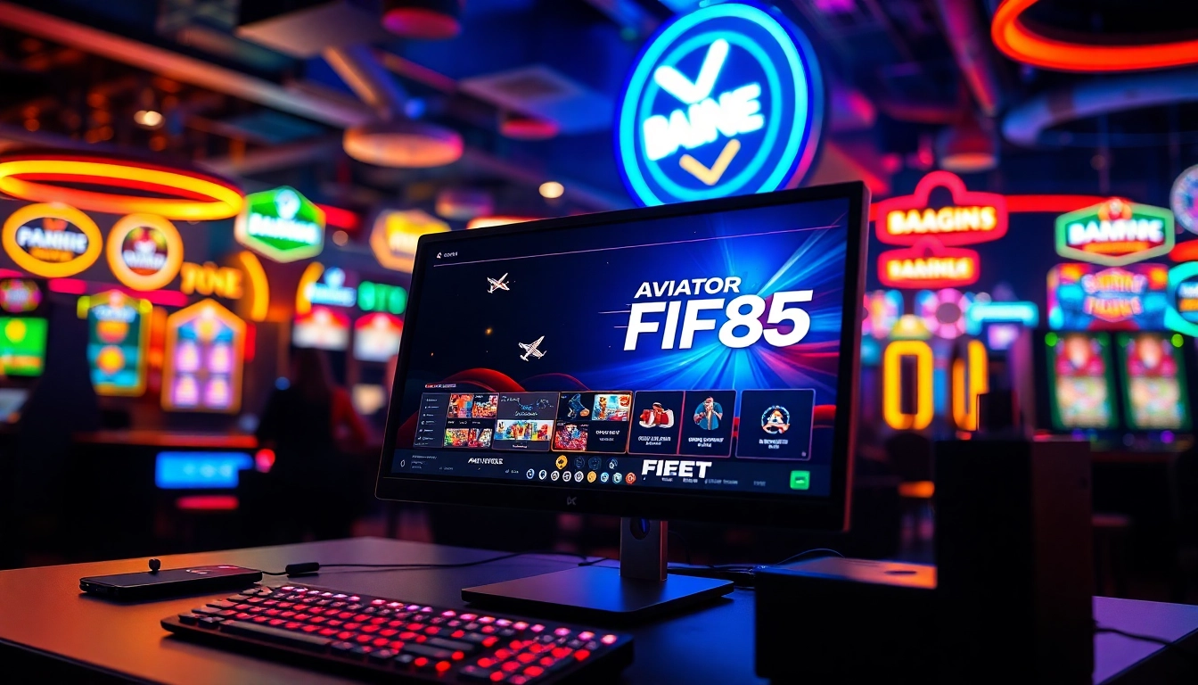 Engage in playful action with Aviator Fire85 game interface amidst a vibrant gaming setting.