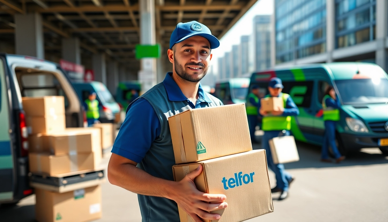 Telford courier efficiently delivering packages in a busy urban setting, showcasing reliable logistics