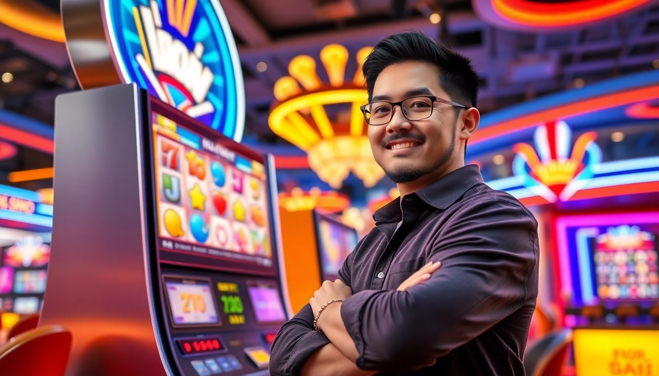 Engaging player enjoying pgslot experience at a vibrant digital casino with animated graphics.
