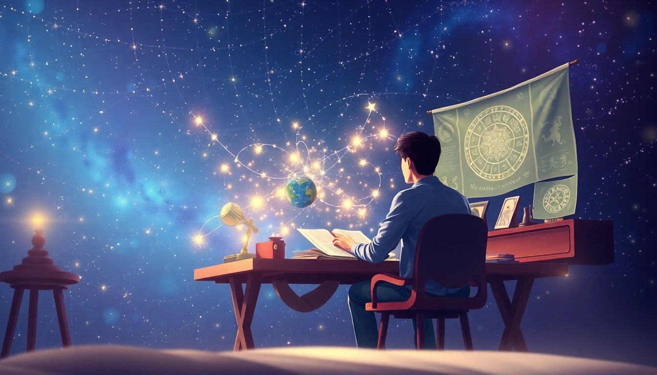 Erkunde die personalisierten Horoskope mit einer detaillierten astrologischen Anordnung am Schreibtisch.
