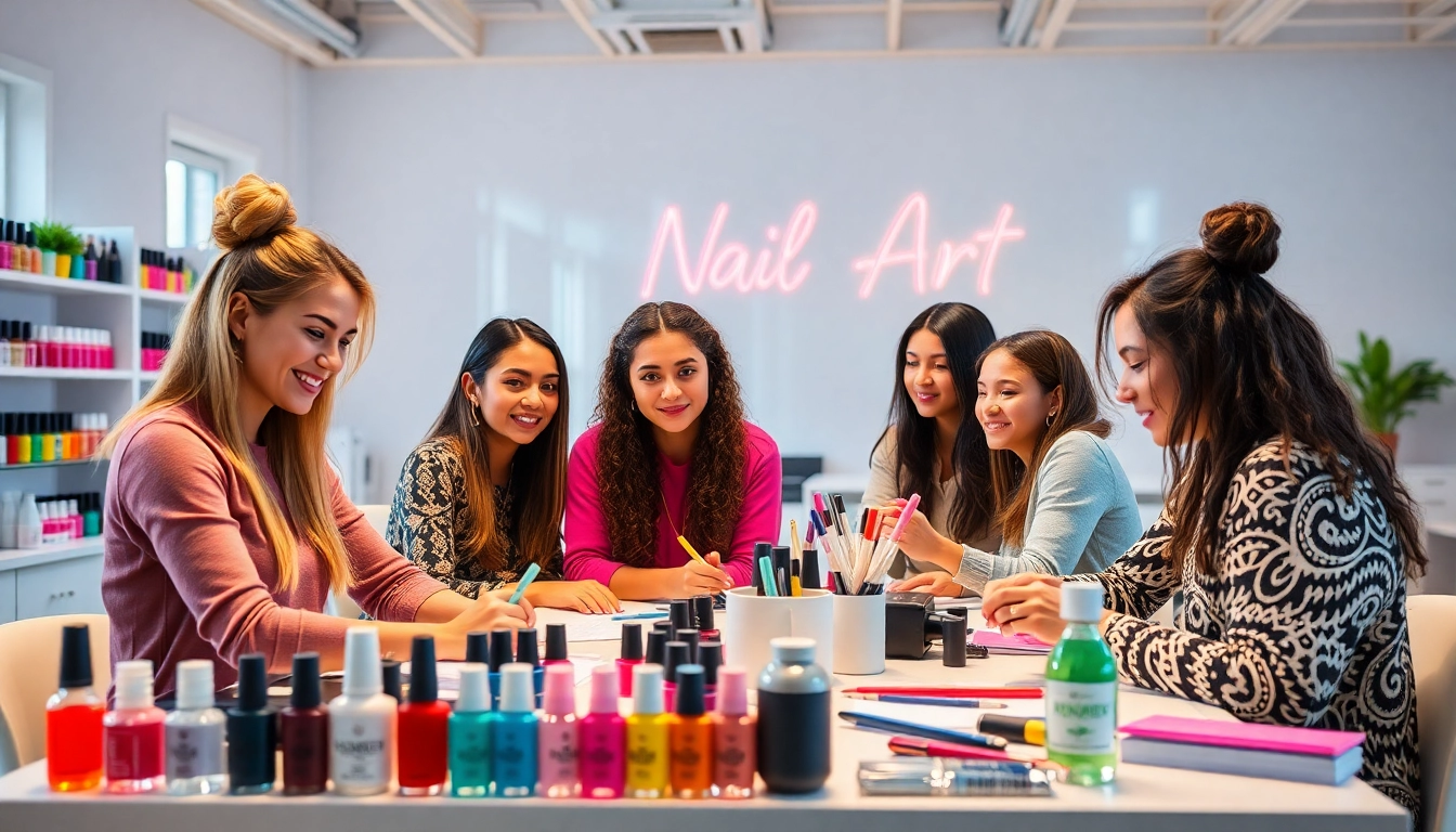 Nail Course workshop with students practicing nail art techniques and colorful supplies.