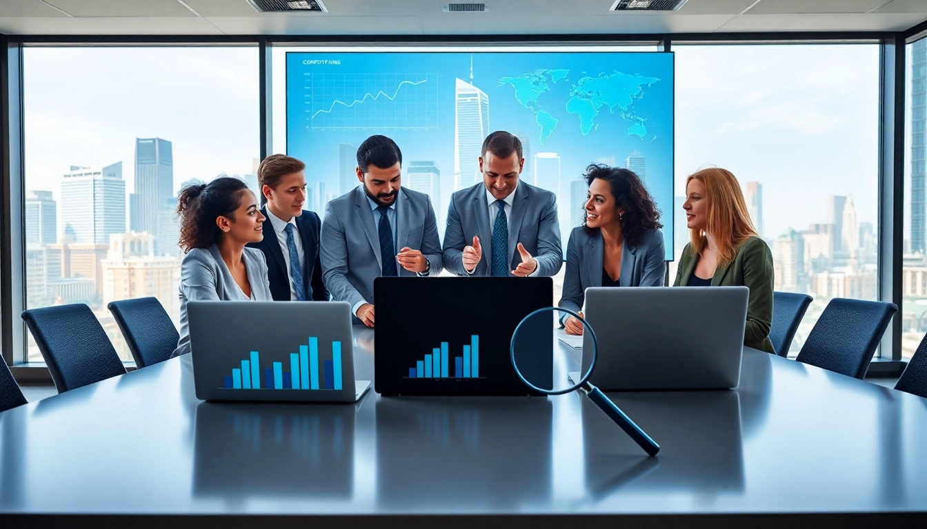 Analyze competitive intelligence insights in a collaborative business meeting setting with professionals.