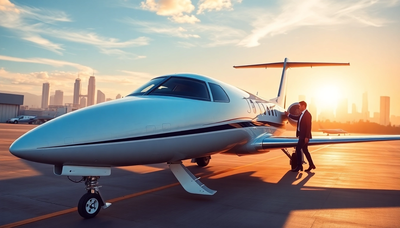 Experience luxury with a private jet charter Los Angeles, featuring a sleek aircraft against a city skyline.