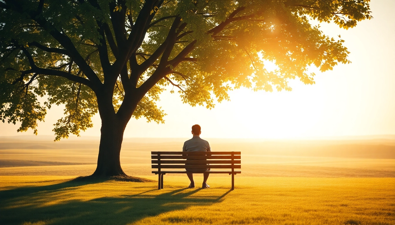 Contemplative figure dealing with grief under a tree in a serene sunrise setting.