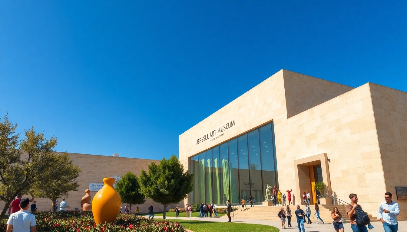 Visitors engaging with unique art pieces at the Jerusalem Art Museum in a vibrant setting.