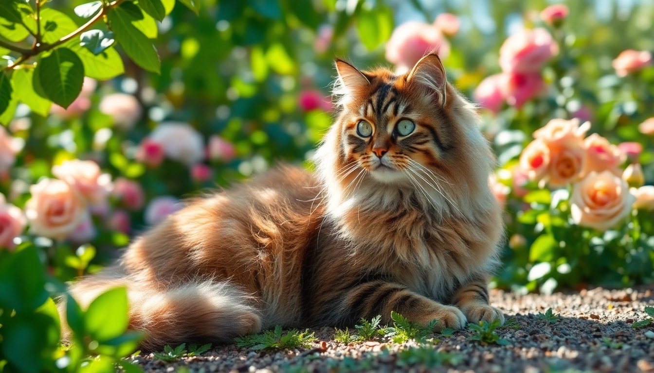 Maine Coon cats for sale Sacramento showcased in a vibrant garden setting with a fluffy cat among colorful flowers.
