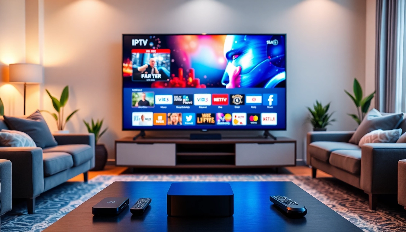 Profitez d'un abonnement iptv dans un salon moderne avec un grand écran de télévision.