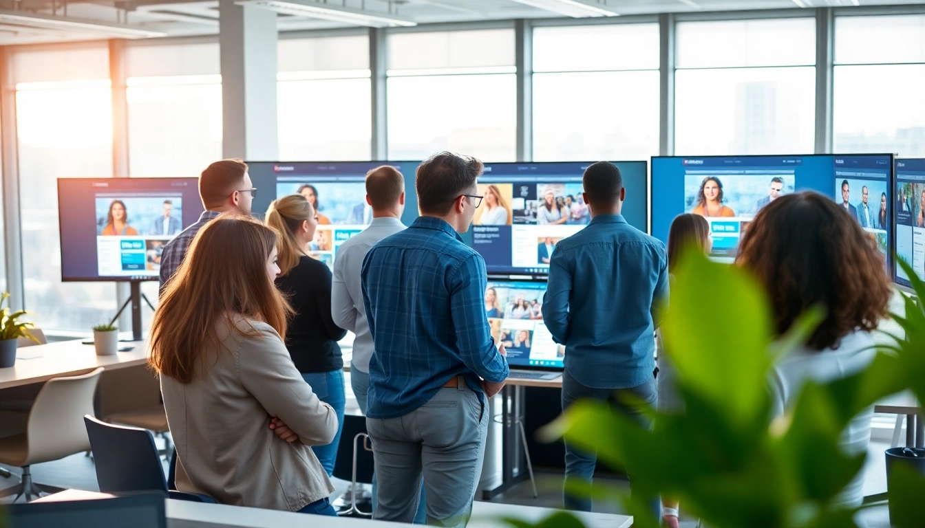 Collaborative scene of seo and web design companies team creating responsive website designs.