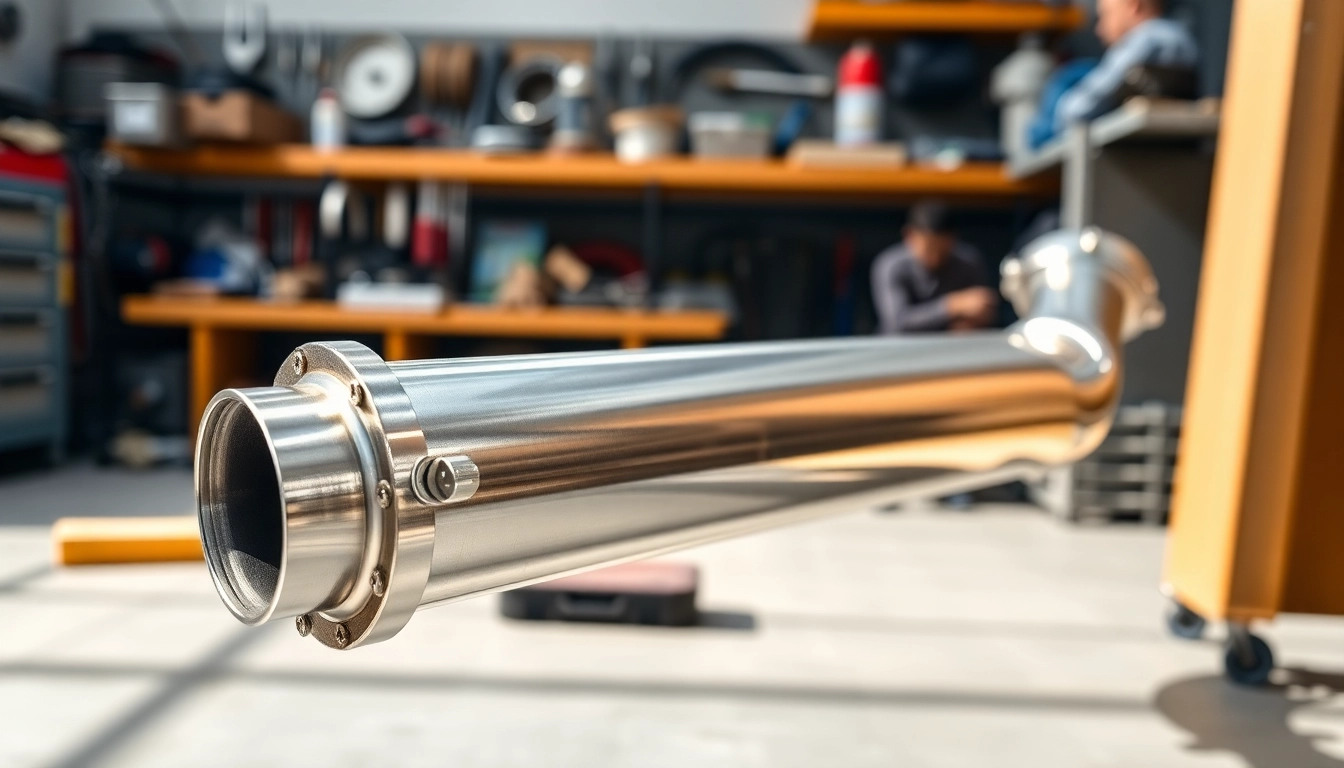 Inspect the single midpipe with intricate detailing and smooth metal finish in a workshop