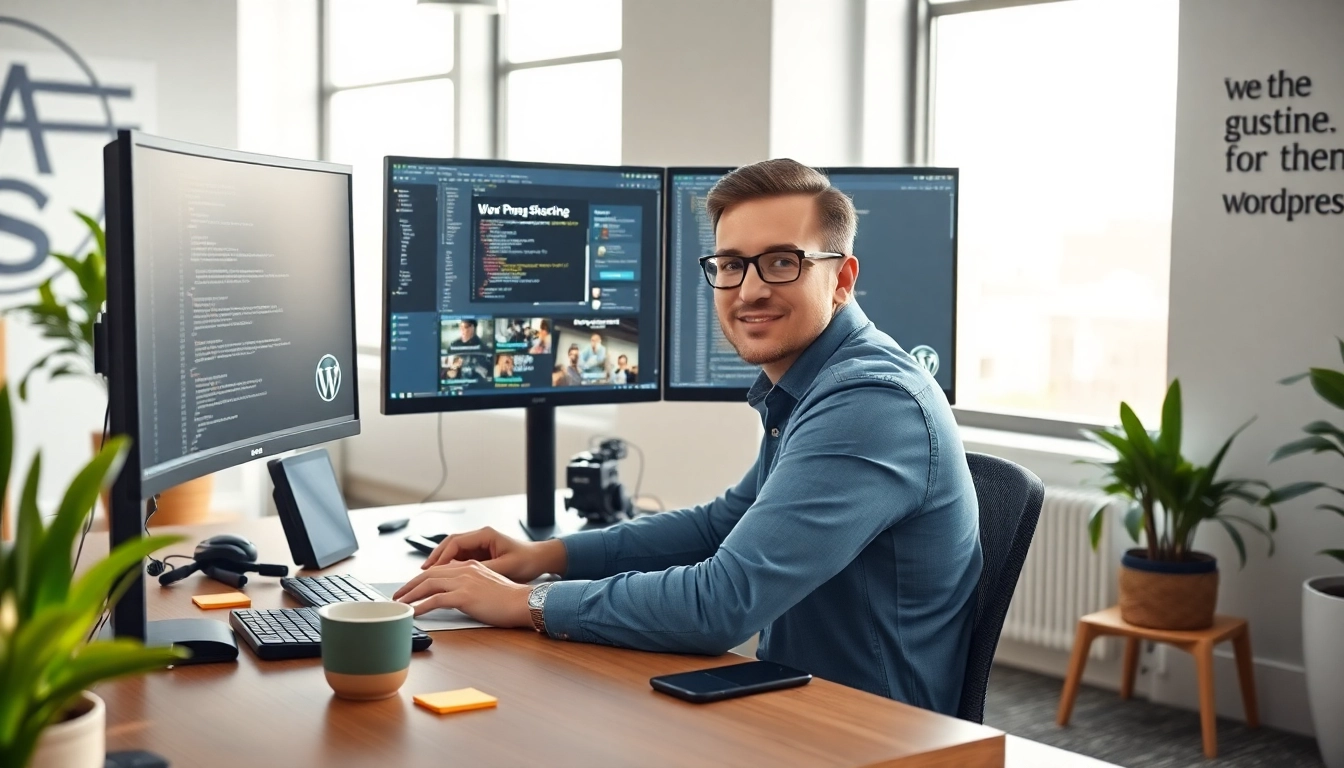 Engaged WordPress developer near me optimizing a website design amidst a vibrant workspace.