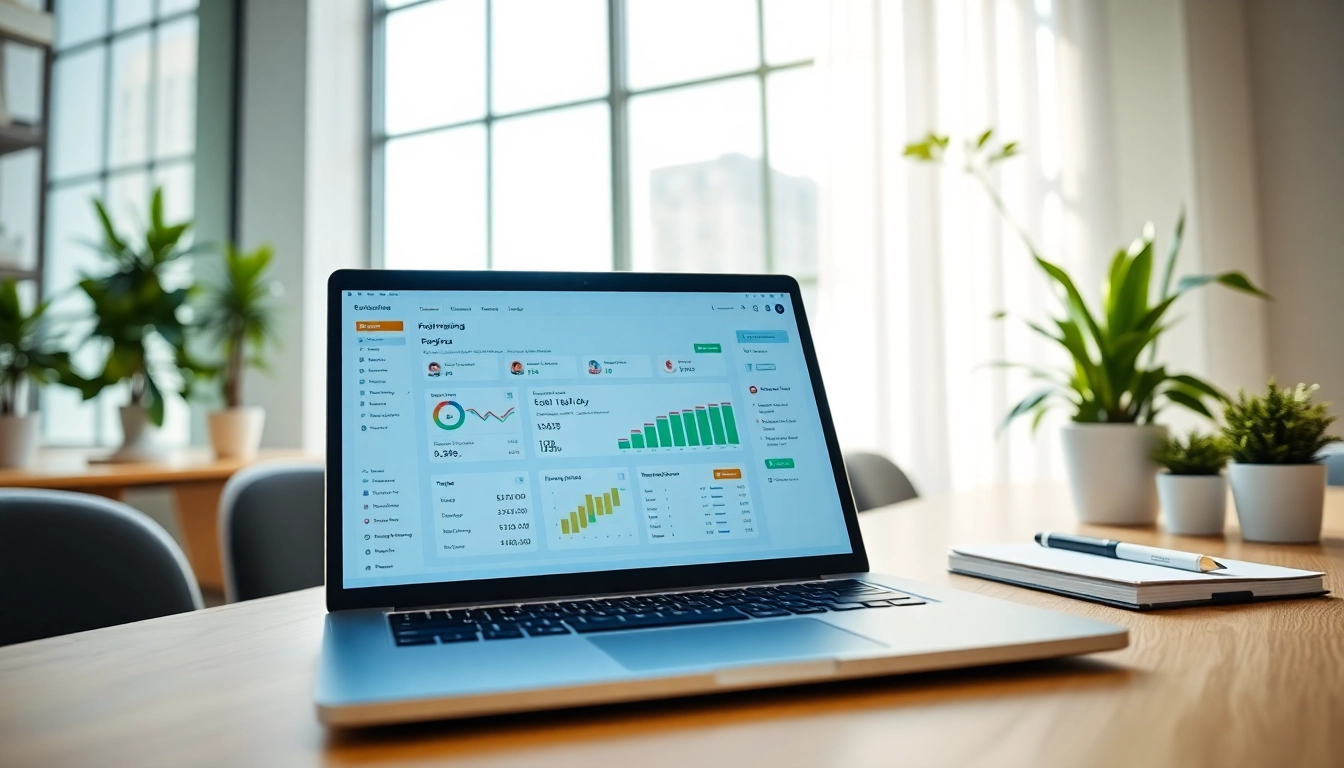 Showcase of the best all in one business management software interface in a modern workspace.