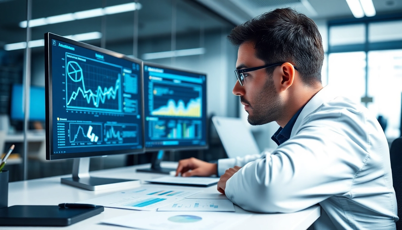 Visual representation of a data scientist focusing on data anomaly detection with graphs and analysis.