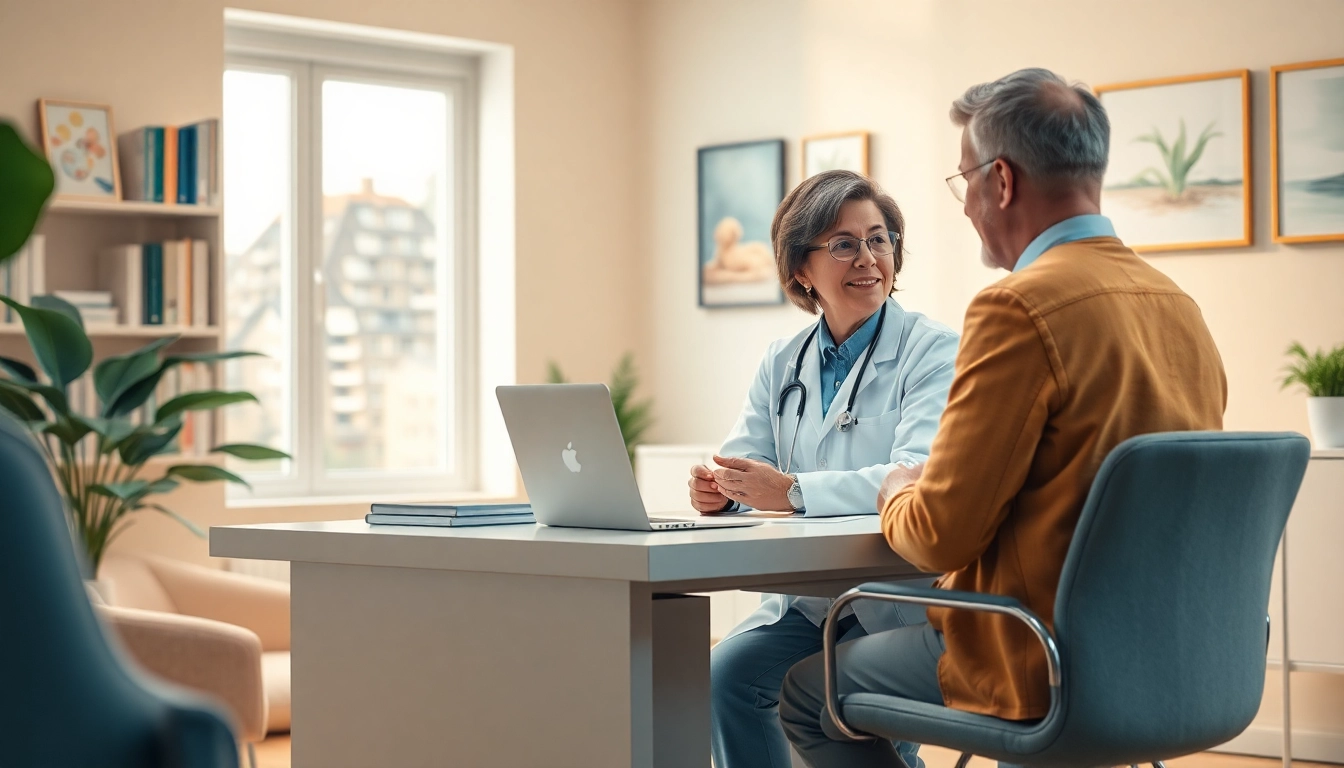 Engaging psychiatrist discussing mental health with a patient in a calming office.