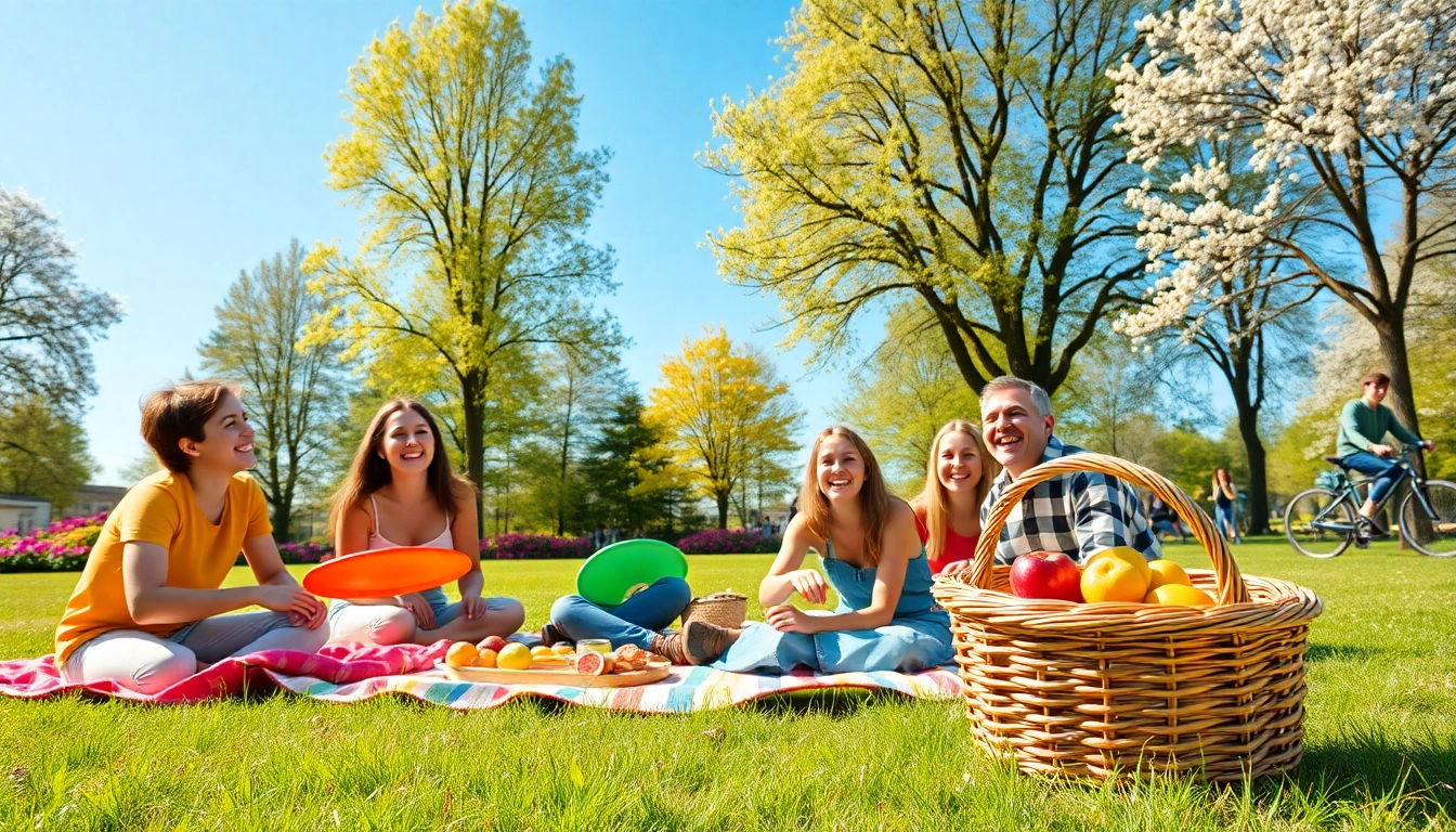 Friends engaging in fun activities at a park, including frisbee and picnics.
