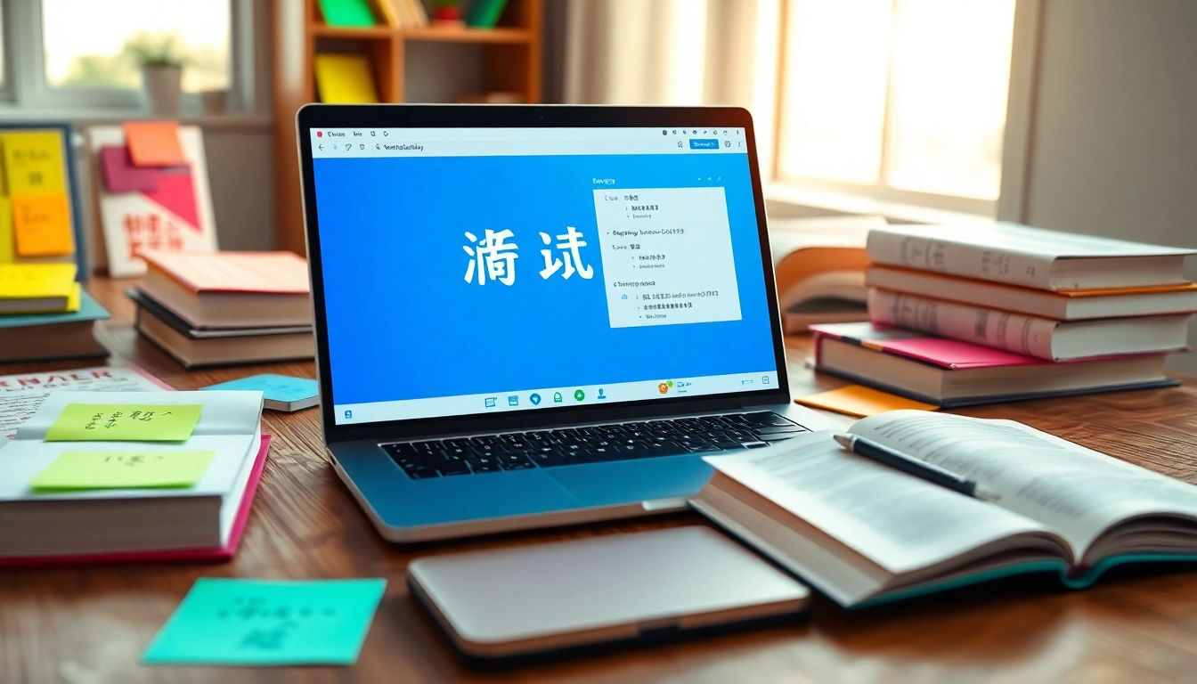 使用有道翻译下载的专业翻译软件界面,周围有多彩的便签和书籍。