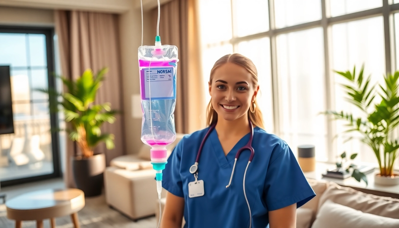 Administering vegas iv treatment by a professional nurse in a bright hotel room.