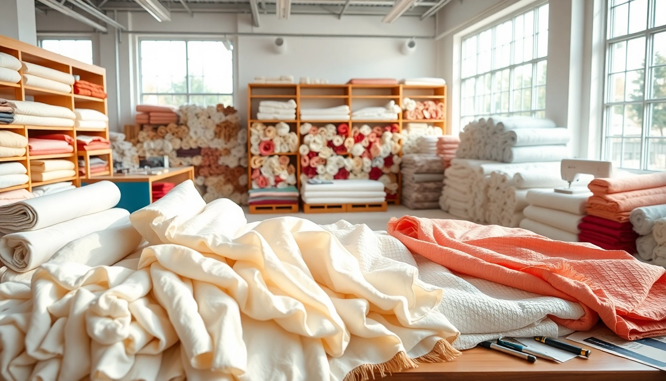 Katoen stoffen presentatie met diverse texturen en kleuren in een showroom.