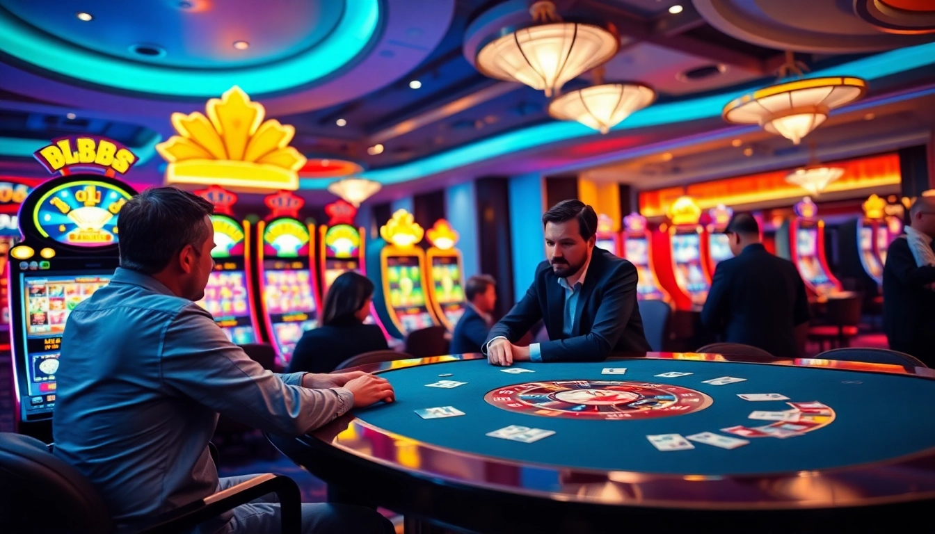 Engaged players enjoy the exciting atmosphere at the filbet online casino, surrounded by vibrant slot machines and elegant gaming tables.