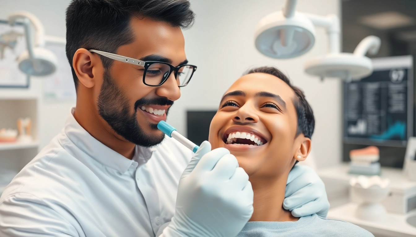 Orthodontist adjusting braces Myrtle Beach on a smiling patient in a bright clinic.