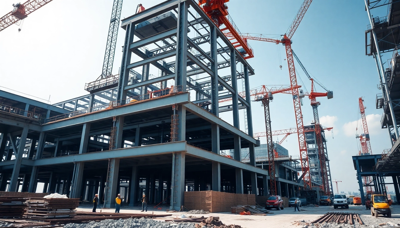 Workers engaged in structural steel construction at a busy site with lifting cranes.