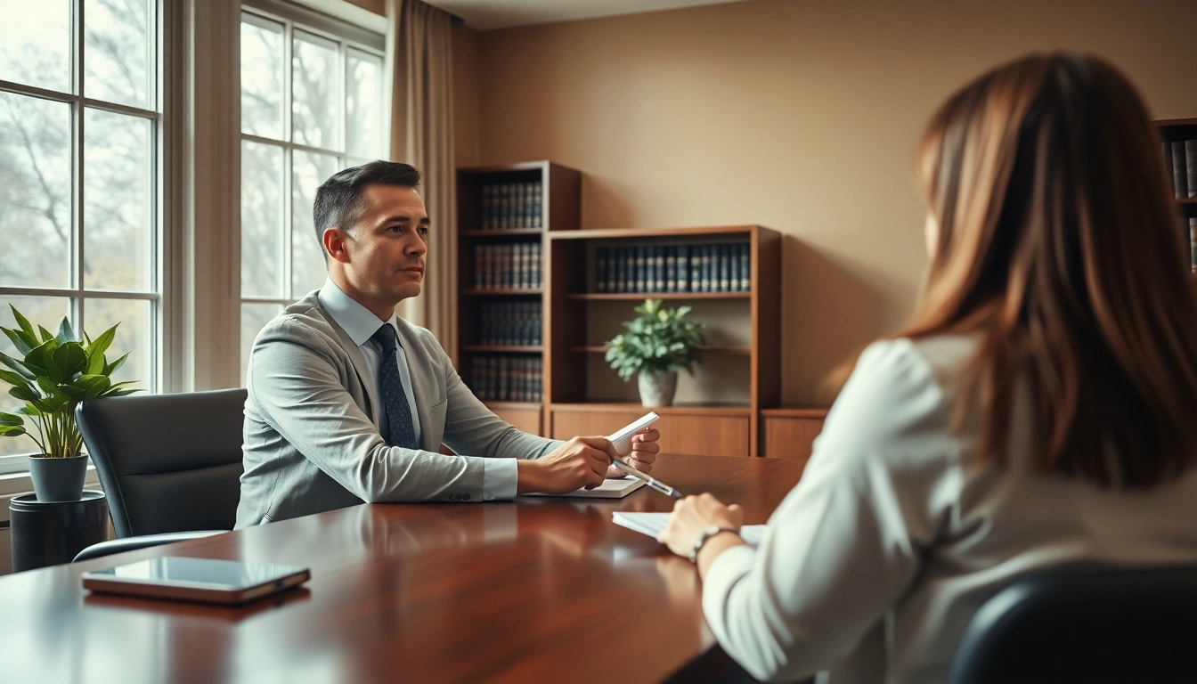 Engaged Divorce Lawyer advising a client in a professional office setting, conveying trust and expertise.