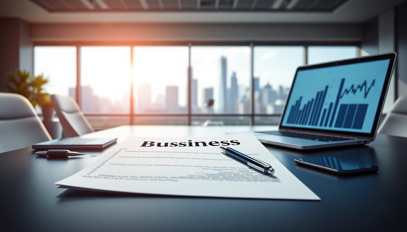 Crafting a comprehensive Business Plan with documents, technology, and an inspiring office view.