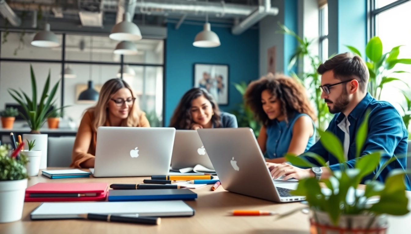 WordPress agencies team collaborating creatively in a modern office setting.
