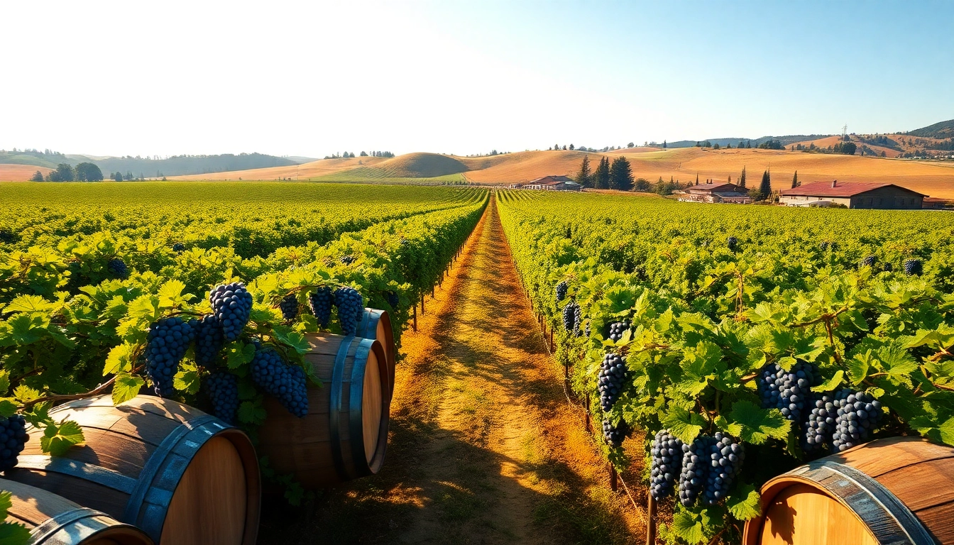Visit wineries in Clarksburg with scenic vineyards, vibrant grapes, and rustic barrels.