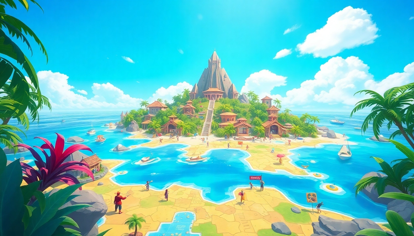 Menampilkan pemandangan dinamis dari岛토토피아 dengan karakter memainkan game dan item berkilau.