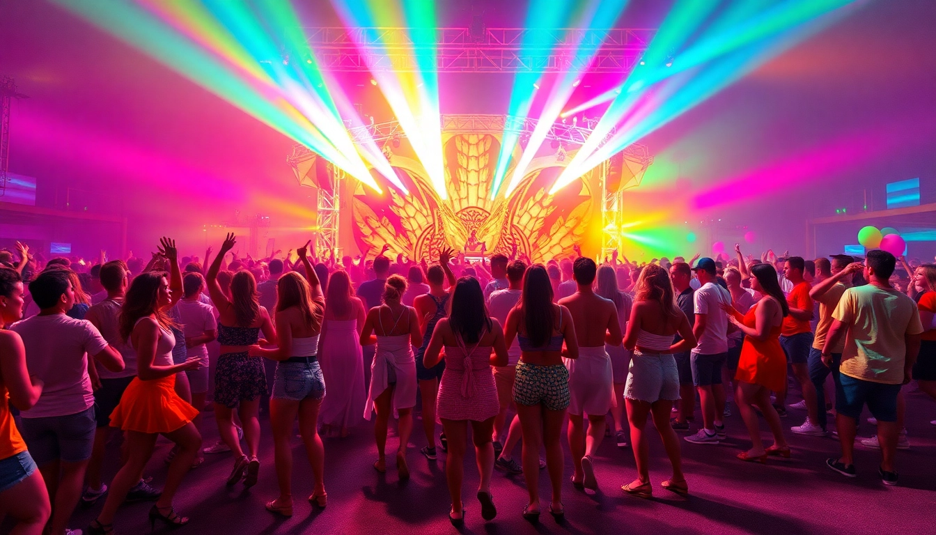 Captivating Miami rave scene with energetic dancers and vibrant neon lights.