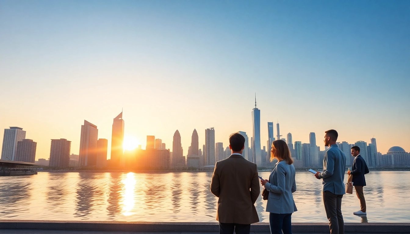 Showcasing real estate international properties with diverse individuals discussing opportunities.